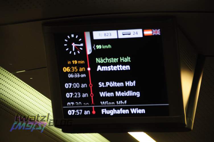 Info monitor showing upcoming stations, speed and arrival time.