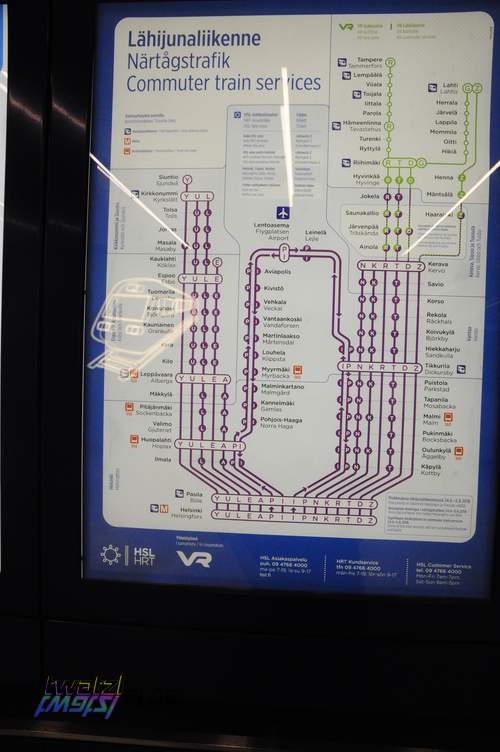 A line map showing the commuter train lines in Helsinki.